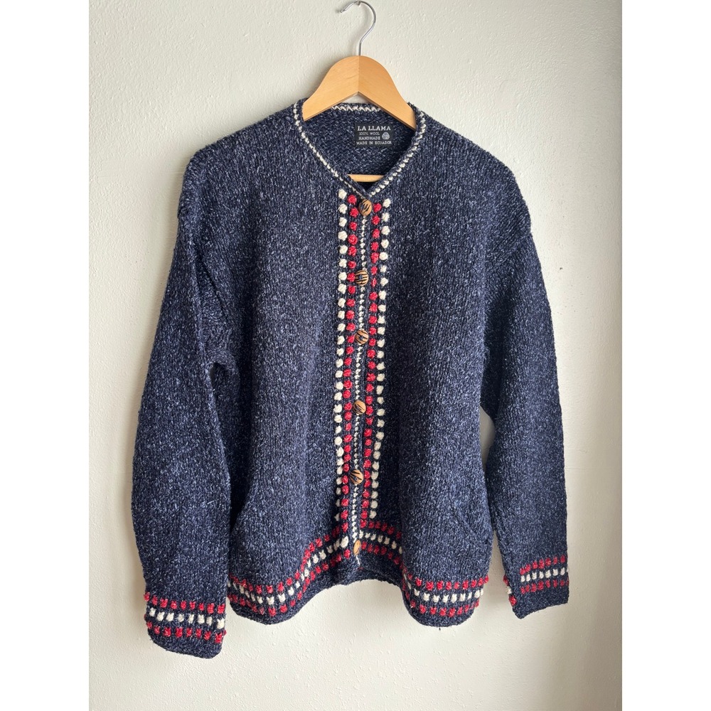 La Llama Handmade‎ Wool Cardigan Blue Marl Embroidered Ecuador Vintage Womens L